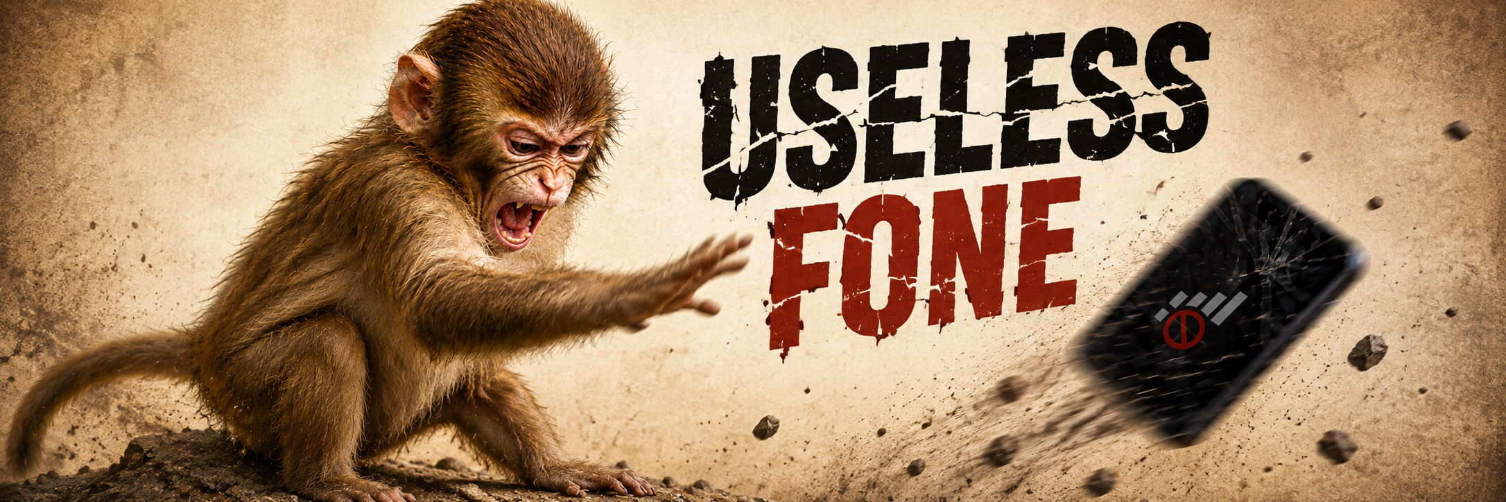 Useless Fone banner. Furious ape mid-throw beside a cracked phone.